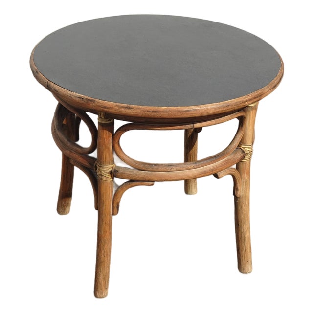 Vintage French Country McGuire Round Bamboo Rattan End Table Side Table For Sale