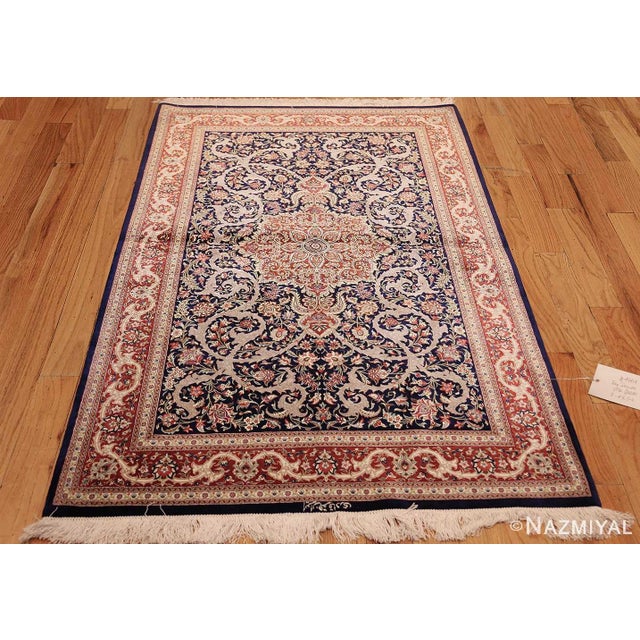 Nazmiyal Collection Scatter Formal Navy Blue Silk Persian Qum Rug For Sale - Image 4 of 6