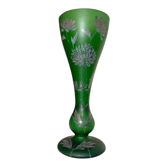 Tall Antique Sterling Silver Overlay Cameo Frosted Green Glass Flower Vase For Sale