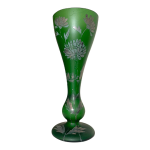 Tall Antique Sterling Silver Overlay Cameo Frosted Green Glass Flower Vase