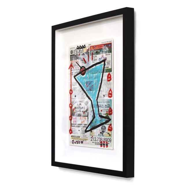 Contemporary Mini Blue Martini - Original Pop Street Art Acrylic Painting on Korean Newspaper by Gary John For Sale - Image 3 of 9