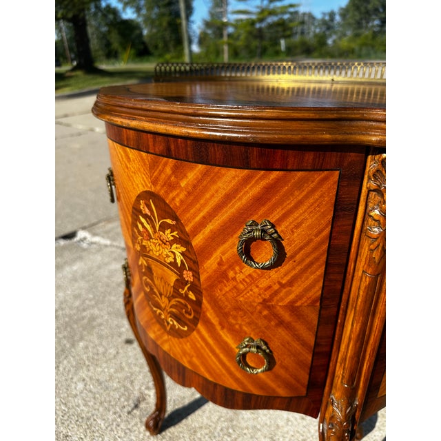 French 1940’s Louis XV Marquetry Drum Style Nightstand For Sale - Image 3 of 11
