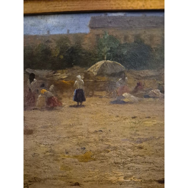Antique oil painting on board of a market scene with figures , a horse and buildings , executed in an impressionist style,...