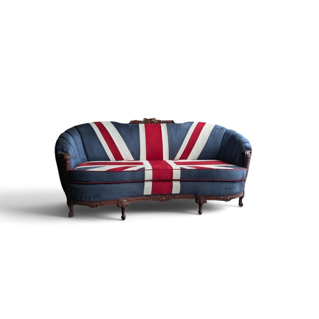 Vintage Union Jack Upholstered Sofa With Ornate Carved Wood Frame For Sale - Image 17 of 18