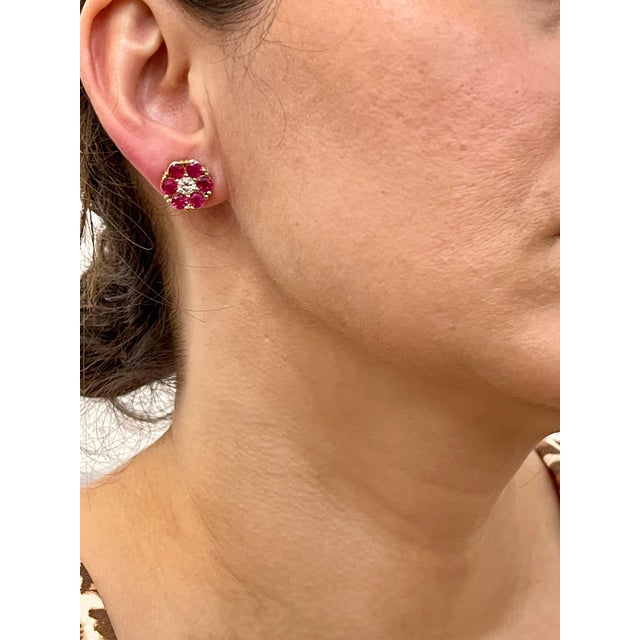 Ruby Red 3 Carat Ruby & Diamond Floral Cluster Flower Stud Earrings 14 Karat Yellow Gold For Sale - Image 8 of 18