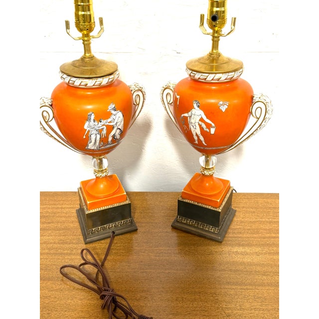 Late 18th Century Pair English Neoclassical Orange Ground Ashworth Ironstone Urns, as Lamps For Sale - Image 9 of 15