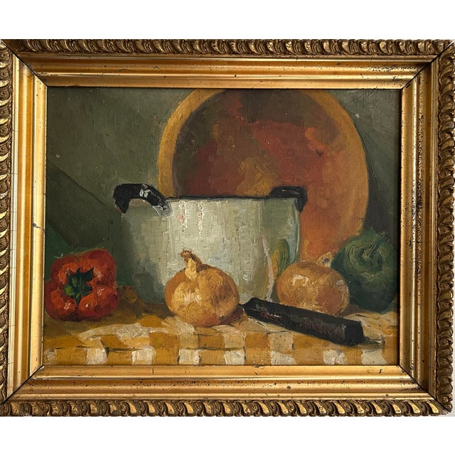 Impressionist Antique Still Life of Vegetables on Checkers Tablecloth With Wood Bowl Oil Painting in Gold Frame For Sale - Image 3 of 6