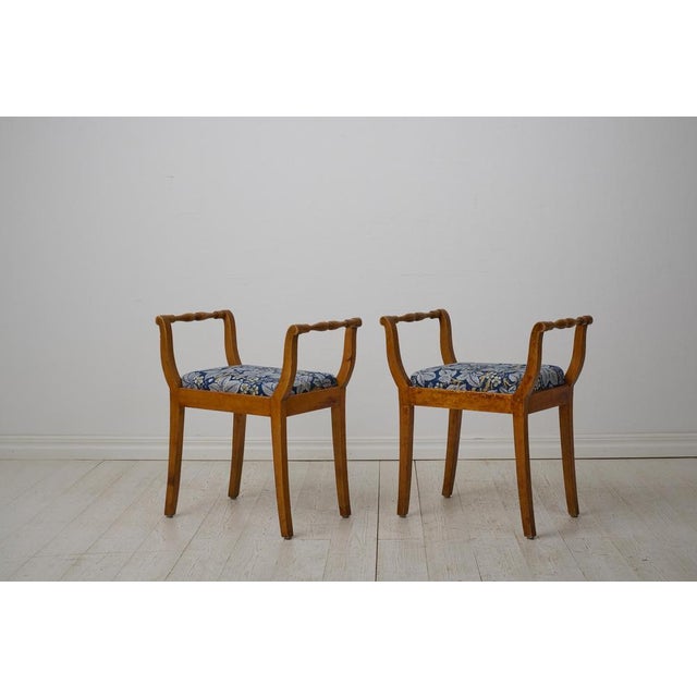 Pair of antique taboret stools from the empire period, around 1840. The stools are Swedish and made in solid yellow birch....