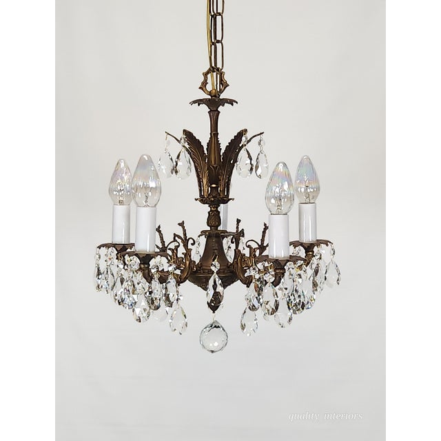 1950s Vintage Overflowing Dark Patina Ornate Bronze Cut Lead Glass Crystal Chandelier For Sale - Image 5 of 17