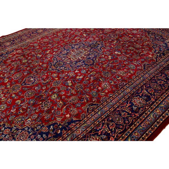 1950s Vintage Kashan Persian Wool Rug Handmade in Red For Sale In New York - Image 6 of 7