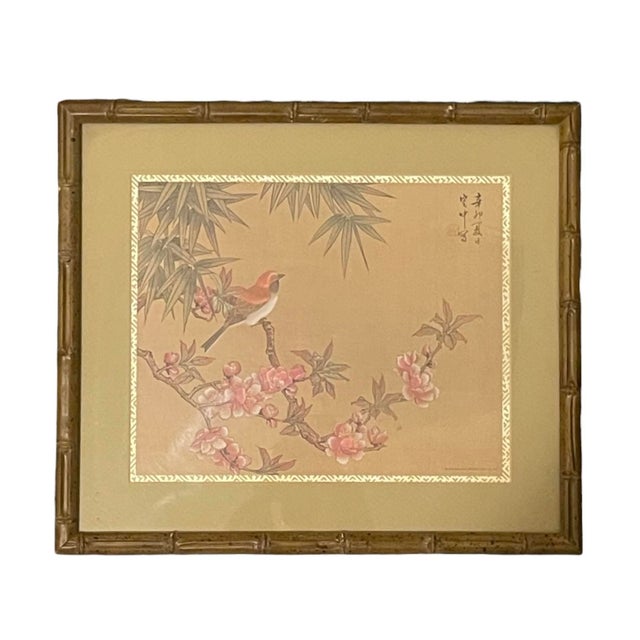 Asian Set of 3 Vintage Asian-Inspired Bird & Floral Prints, Bamboo-Style Frames, 1979. For Sale - Image 3 of 11