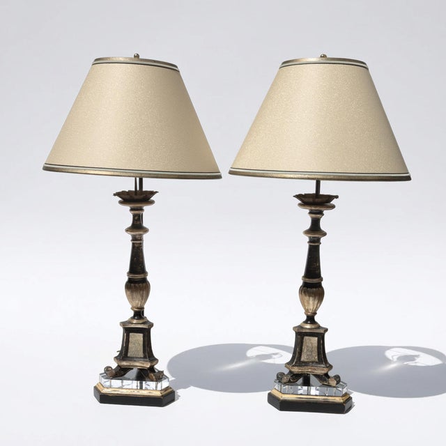 Early 19th Century Pair of Italian Neoclassical Black and Silver-Gilt Candlestick Lamps Circa 1820 For Sale - Image 5 of 8