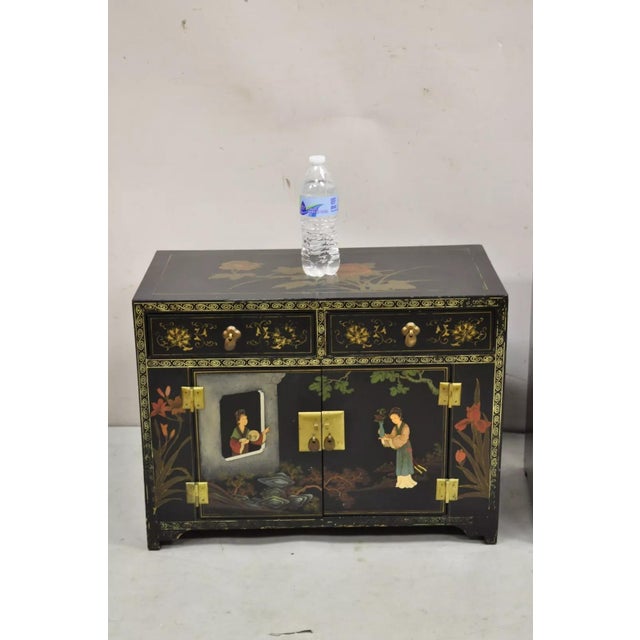 Chinoiserie Vintage Chinese Small Asian Black Lacquer Painted Cabinets - a Pair For Sale - Image 3 of 12