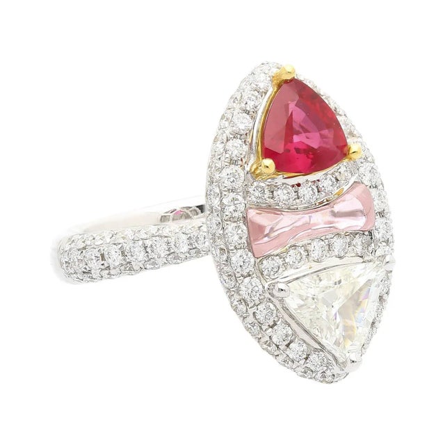 Grs Certified Trilliant Burma Ruby and Diamond Long Oval Toi Et Moi Ring Size 6 For Sale - Image 4 of 11