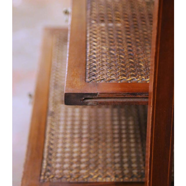Brass 19th Century English Mahogany Inlaid Sliding Trays Side Table With Cane Shelves For Sale - Image 8 of 11