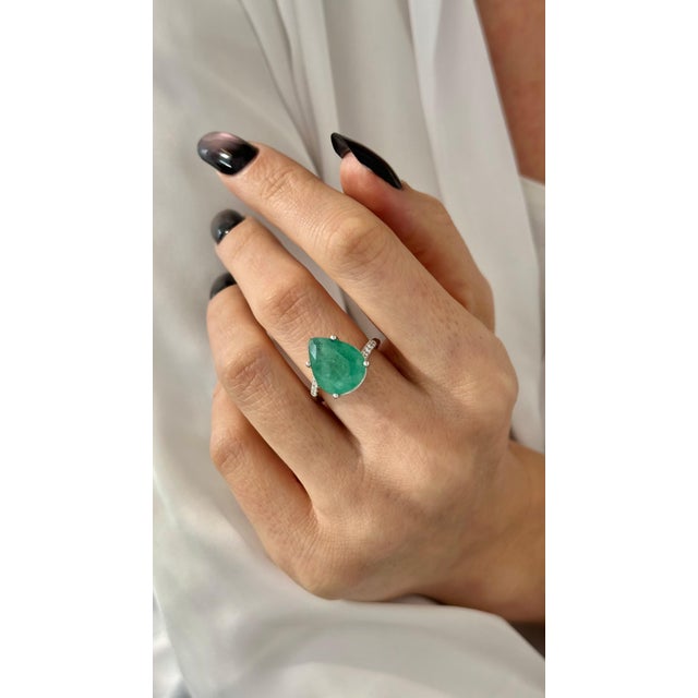 Metal Natural Emerald Diamond Ring Size 7 14k White Gold 7.17 TCW Certified For Sale - Image 7 of 18