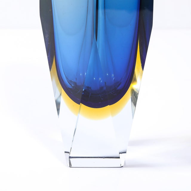 Glass Mid-Century Mandruzzato Faceted Murano Glass Vase in Citrine and Smoked Cerulean For Sale - Image 7 of 18