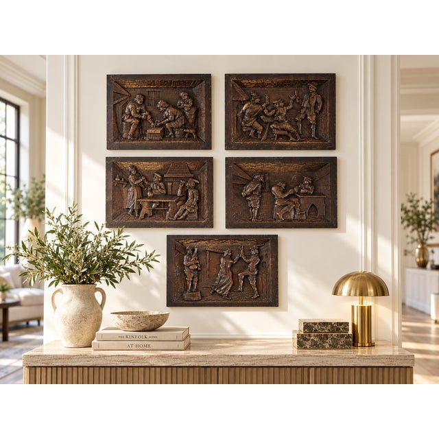 Brown Antique Victorian Flemish Tavern Scene Wall Panels in Carved Oak, 1880, Set of 5 For Sale - Image 8 of 9