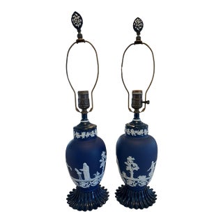 1950s Cobalt Blue Jasperware Table Lamps With Classical Relief – 22” Tall - a Pair For Sale