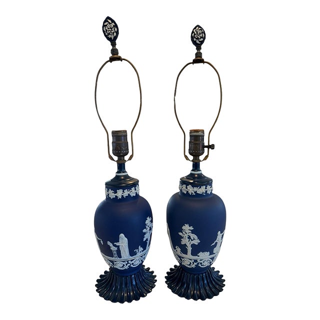 1950s Cobalt Blue Jasperware Table Lamps With Classical Relief – 22” Tall - a Pair For Sale