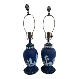 1950s Cobalt Blue Jasperware Table Lamps With Classical Relief – 22” Tall - a Pair