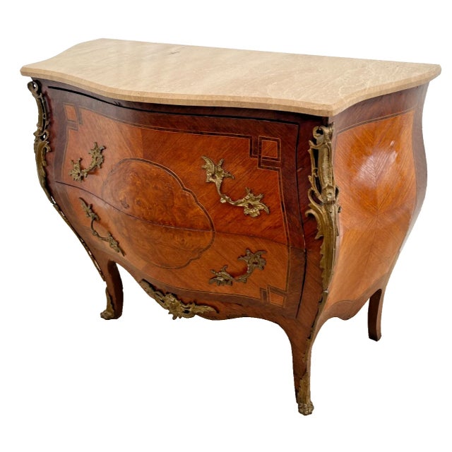 Antique French Bombe Commode, Chest of Drawers, Marble Top, Brass Ormolu, Walnut and Mahogany inlay. Two Drawers. 33" Tall...