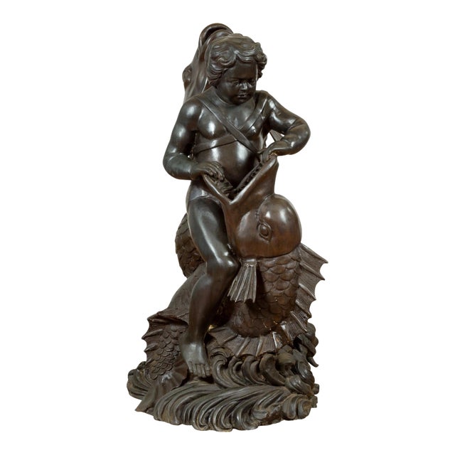 Mid 20th Century Greco-Roman Style Bronze Putto Riding a Dolphin Fountain For Sale