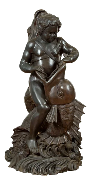 Mid 20th Century Greco-Roman Style Bronze Putto Riding a Dolphin Fountain