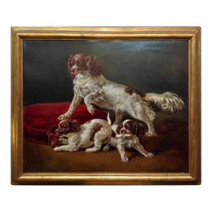 Siegwald Johannes Dahl -Cavalier King Charles W/Her Playful Puppies-Oil Painting 1854