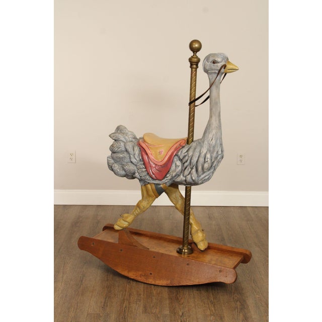 High Quality Vintage Painted Wood Carved Decorative Carousel Ostrich on Oak Rocking Base, Signed Frederick 1998