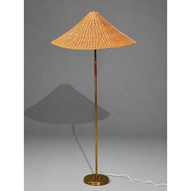 1950s V. Soini Oy, Rare Floor Lamp, Brass, Leather, Rattan For Sale - Image 4 of 13
