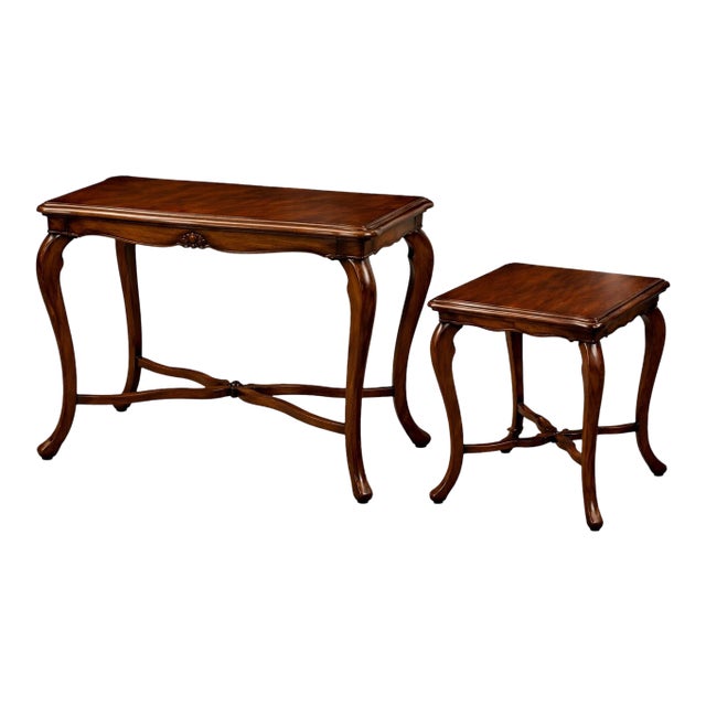 Pair of Vintage French Provincial Serpentine Tables in Old Chapel Satin Walnut — Sculptural Cabriole Legs, Designer Matching Set For Sale