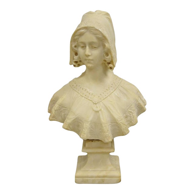 Early 20th Century Antique Victorian Carved Alabaster Marble Figural Young Woman Maiden Bust Statue For Sale