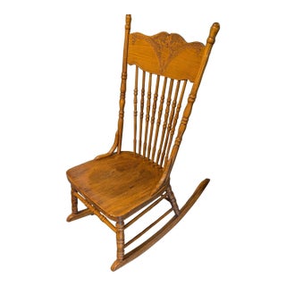 Vintage Pressed Back Oak Rocking Chair – Ornate Wooden Windsor Spindle Rocker. For Sale