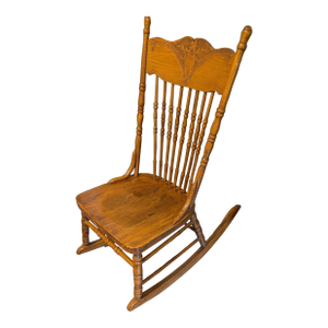 Vintage Pressed Back Oak Rocking Chair – Ornate Wooden Windsor Spindle Rocker.