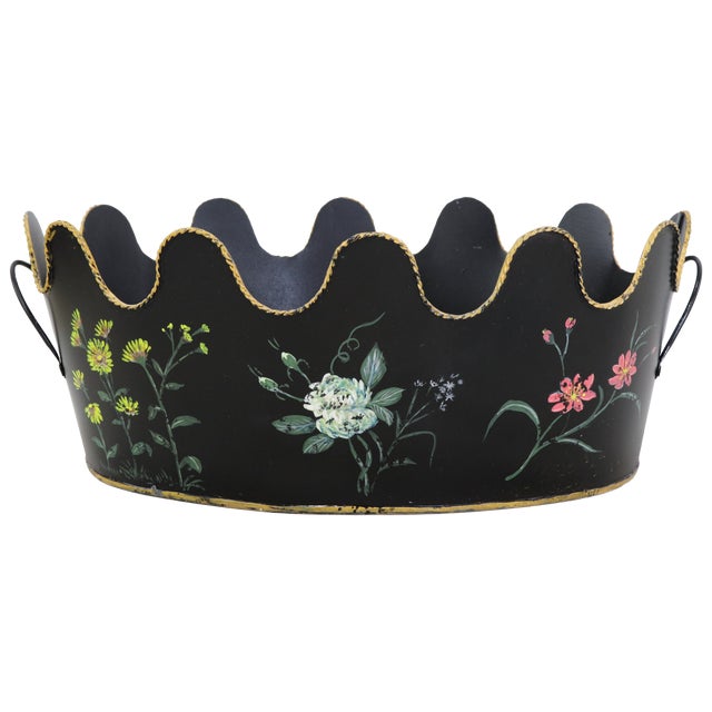 Vintage Hand-Painted Floral Toleware Scalloped Planter – Black and Gold Metal Cachepot For Sale - Image 10 of 10