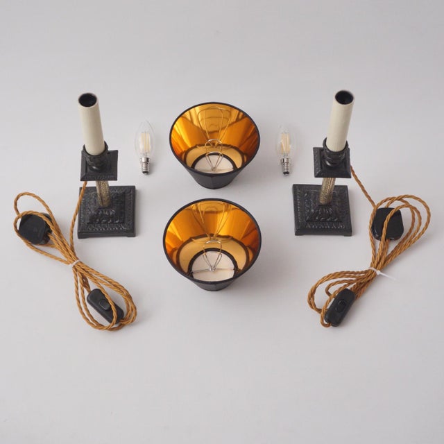 1890's English Antique Candlestick Table Lamps, Aesthetic Movement, Iron & Brass - A Pair - Rewired For Sale - Image 9 of 15