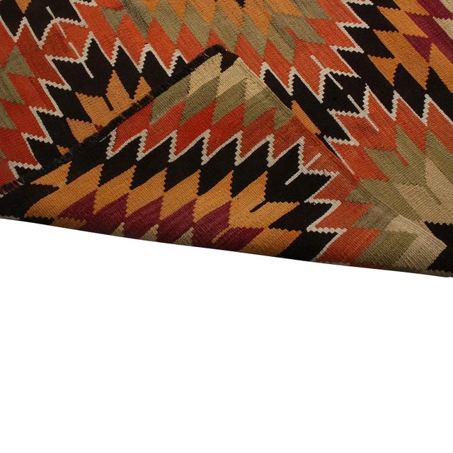 1950s Vintage Mid-Century Mut Geometric Green Orange Wool Kilim Rug- 5′9″ × 10′ For Sale - Image 5 of 6