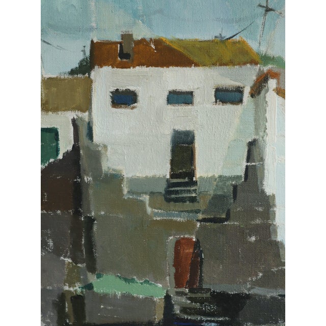 1958 Mid-Century Modern 'Sunlit Facades' Vintage Original Street Scene Oil Painting, Framed For Sale - Image 10 of 11