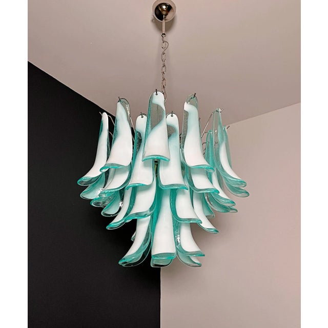 2020s Italian Murano Style Chandelier, 36 Lattimo Turquoise Glass Petals, Mazzega Style For Sale - Image 5 of 12