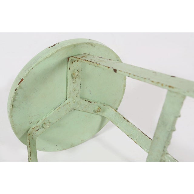 Mid-Century Modern Industrial Green Painted Stool with Steel Base and Wooden Top, 1930s For Sale - Image 3 of 9