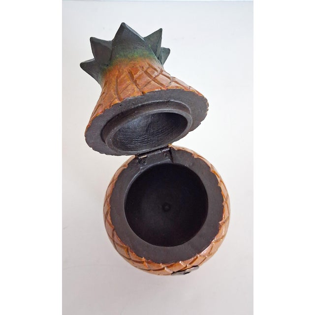 Shabby Chic Artisan Carved Solid Wood Pineapple Trinket Box With Hinged Lid For Sale - Image 3 of 5