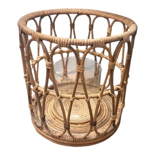Vintage Woven Rattan & Glass Hurricane Candle Holder For Sale