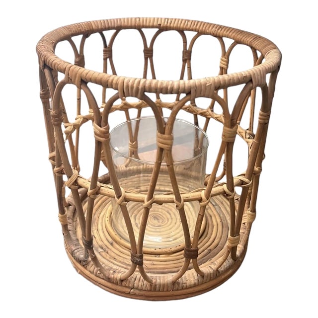 Vintage Woven Rattan & Glass Hurricane Candle Holder For Sale