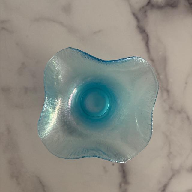 Gorgeous colors in this vintage mid-20th century art glass small bowl. Iridescent blue and quad-crimped edging.