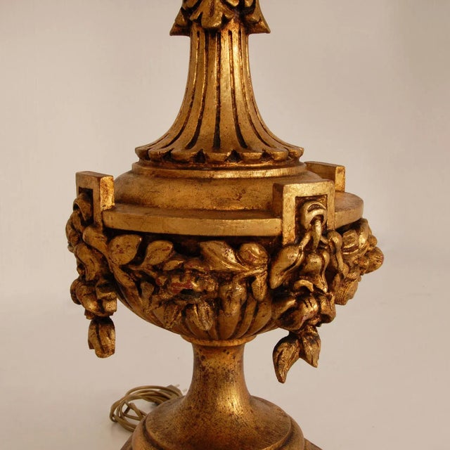 Italian Lamps XL Carved Giltwood Gold Neoclassical Urn Vases Table Lamps - A Pair For Sale - Image 10 of 12