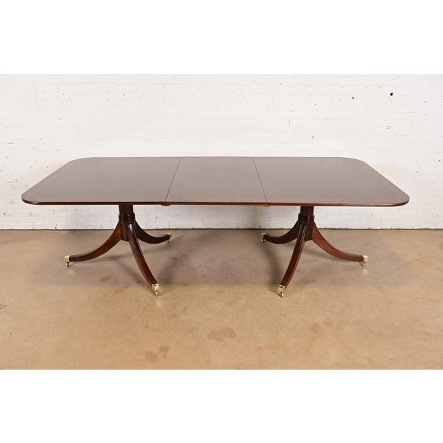 Baker Furniture Style Georgian Banded Mahogany Double Pedestal Extension Dining Table, Newly Refinished For Sale - Image 13 of 13