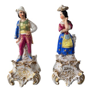 Pair of Antique Victorian Figural Man & Woman Porcelain Statue Scupltures For Sale