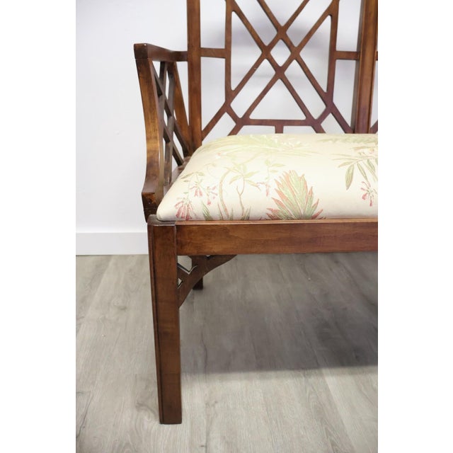 Wood Vintage Chinese Chippendale Style Double-Back Walnut Settee With Botanical Upholstery For Sale - Image 7 of 10