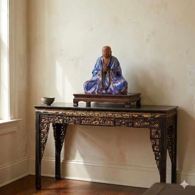 Fine Chinese Shiwan-Style Ceramic Luohan Amitabha in Deep Sea Glaze For Sale In San Francisco - Image 6 of 13
